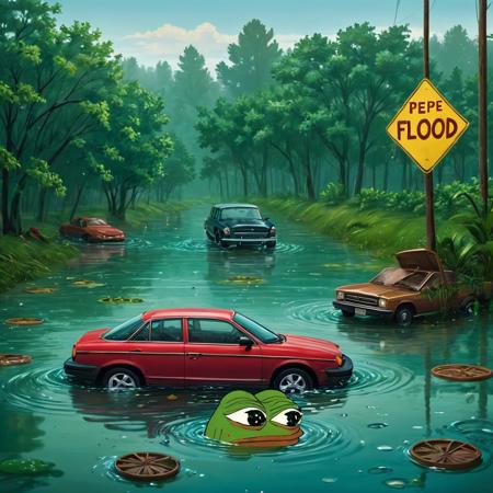 A place taken by a flood with everyday objects floating and cars submerged in the water, (((pepe_frog))), 1 boy <lora:pepe_frog SDXL:1.2>