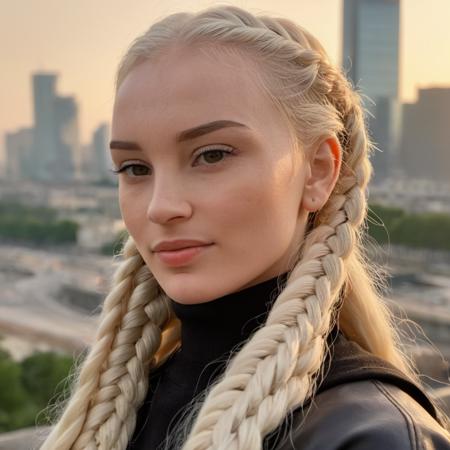 (Skin Texture, pores, natural,iPhone,RAW)), natural lighting, Highest Quality (closeup) Portrait photo of a woman with long braided platinum blonde hair,  Nikon Z9, realistic matte skin,  blurry city in the background, 8K, ((looking straight at the camera)),  , <lora:asmrdarling_xl_2_standard_merger_21_51_055_045:1>