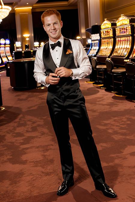 Las Vegas casino, blackjack table, BluKennedy is a (blackjack dealer) wearing (casino uniform), holding playing card, smiling, masterpiece, (((full body portrait))), ((full body shot)), ((wide angle))   <lora:BluKennedy-000008:0.8>