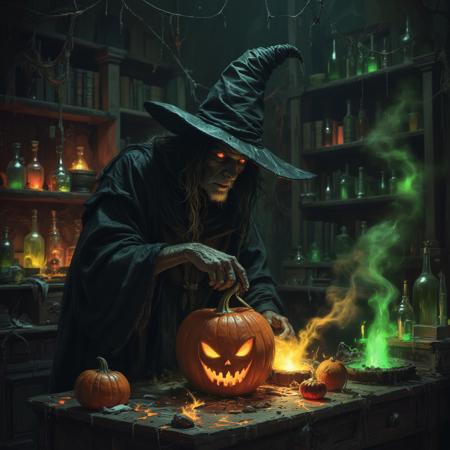 A professional photo of an old witch, wearing black robes and a long black hat, carving an halloween pumpkin with red glowing eyes and an evil grin, in a dark mystical alchemical laboratory full of colored bottles and old books.  webs hang from the ceiling, green smoke rise from some bottles.