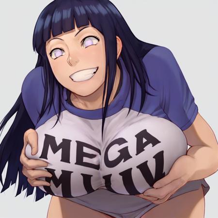 megamilk pose, megamilk t-shirt, text "MEGA MILK", large breasts, grin  grabbing own breasts