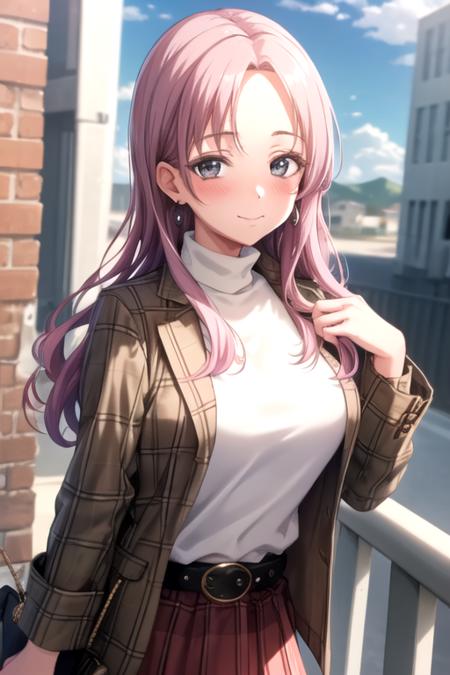 <lora:HiiroYano-05:0.7> , hiiroyano, solo, looking at viewer, blush, smile, skirt, shirt, jewelry, closed mouth, jacket, white shirt, upper body, earrings, open clothes, belt, sweater, plaid, turtleneck, black belt, brown jacket, plaid jacket