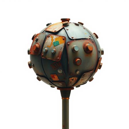 (pure white color background:1.5), single scavenged scrap metal club with a rounded head made from a patchwork of metal plates fastened together with large bolts and nails,  post apocalyptic style<lora:Dieselcore_Flux:0.5>,