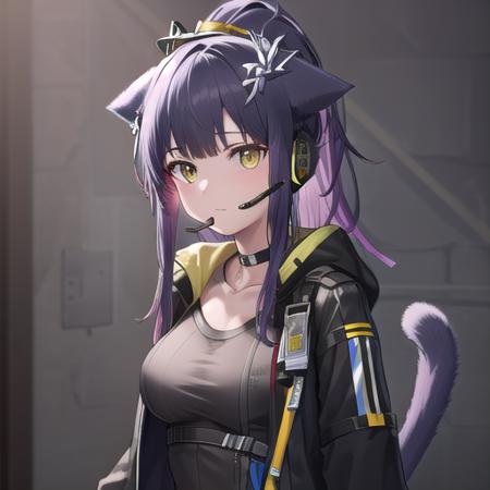 ((masterpiece)),(best quality),official art,extremely detailed CG,unity 8k wallpaper,ultra detailed,1girl,solo,upper body,(portrait:1.2),jessica the liberated (arknights),headset,animal ears,long hair,cat ears,knee pads,black shorts,cat tail,looking at viewer,long sleeves,boots,purple hair,black thighhighs,black hair,ponytail,black footwear,cat girl,bangs,open coat,black coat,yellow eyes,medium breasts,black jacket,grey shirt,black choker,black shirt,<lora:Jessica The Liberated(ark)>,