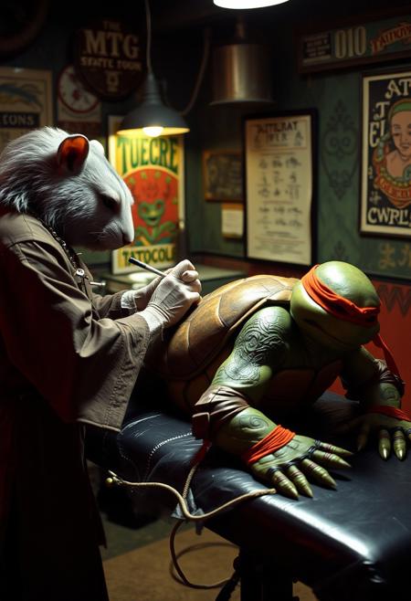 1990s grunge action movie scene, Master Splinter the rat and furry kungfu master whose grey fur looks well groomed and kimono looks worn,  is tattooing the shoulder of Donatello the Teenage Mutant Turtle who is laying on his stomach on the tattoo table, his turtle shell on his back, inside an underground tattoo parlor