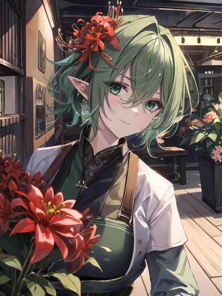 masterpiece,best quality,highres,cinematic lighting,dramatic angle,1girl,green hair,green eyes,hair flower,pointy ears,<lora:ShadowverseMagachiyoV3-000017:0.8:lbw=mgcy>,depth of field,necklace,looking at viewer,turning head,smile,gardener suit,work clothes,apron,white shirt,watering flowers,water can,flower shop,wooden floor,pots,<lora:add_detail:0.25>,flowers of different colors,streetscape,