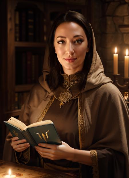 HDR, 8K resolution, intricate detail, sophisticated detail, photorealistic, close up portrait photo of 1woman, AmeliaTyler, looking at viewer, fantasy setting, historical, DnD, wearing Sorceress Cloaks, in a dim lit tavern, indoor, at night, candles, oil lamps, reading a book, magic book, <lora:AmeliaTyler:0.7>