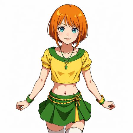 masterpiece,high quality,(white background:1.5),
<lora:elpeople003:0.5>,solo,smile,looking at viewer,
elpeo_ple,1loli,short hair,orange hair,bangs,sidelocks,blue eyes,
necklace,pendant,
collarbone,(green crop top:1.3),yellow shirt,short sleeves,alternate costume,thighhighs,midriff,navel,wristband,
green skirt,