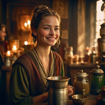 highly detailed documentary photo of vendor (coffee), 


cute face, 1girl, green eyes,  coffee grinder, earrings, freckles, jewelry, lips, short hair, smile, window, steam, ponytail, 


cute face, looking at viewer,

depth of field, blurry background,

medieval store,

masterpiece, best quality:1.1, 

ultra photoreal,
photorealistic:1.0, 
depth of field:1.1, 
(edge lighting:1.2),
(shadow play:1.2),

50mm, style of Nathan Wirth, Hasselblad X1D II, Porta 160,
