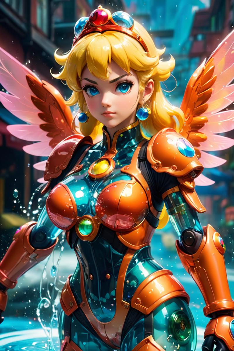 A digital painting of a female character in an orange and black suit, wearing a helmet and angel wings.