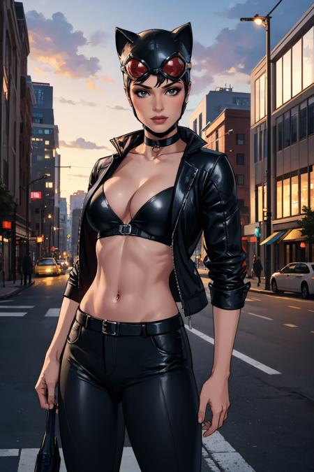 (masterpiece, best quality:1.2),  <lora:catwoman:.98>, catwoman, 1girl, solo, helmet, cat ears, goggles, choker, jacket, open jacket, pants, midriff, cleavage, outdoors, city,