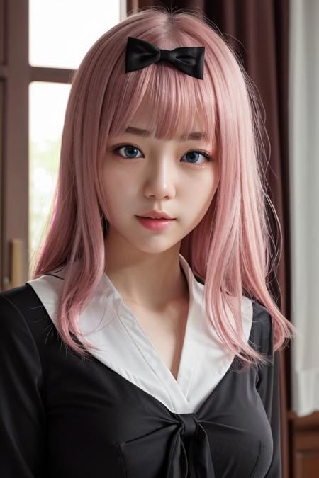 masterpiece, best quality, hdr, volumetric lighting,
chika1, fujiwara chika, blunt bangs, black bow, neck ribbon, large breasts, school uniform, black dress, red ribbon, long sleeves, collared dress, pink hair,
1girl, solo,
detailed face, beautiful face, pretty girl