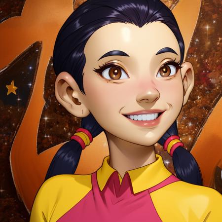 Hay,solo,low twintails,black hair,brown eyes,hair slicked back,
yellow shirt,
smile,
standing,
outside,stars,
(insanely detailed, beautiful detailed face, masterpiece, best quality),<lora:HayLin-10W2:0.8>,