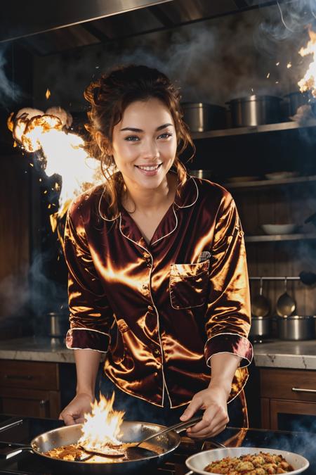 masterpiece, 8k,<lora:Blow It Up:1.2> explosion artstyle , 1girl,  (cooking:1.4), looking at viewer, Wearing sexy pajamas,  light smile, cooking in the kitchen with a skillet, skillet explosion, cinematic lighting, explosion front and behind , upper body, thaidollarunee , highly detailed face, explosion on pan , (big explosion), <lora:ThaidollParichart_v1A:0.80>, fire burning hair,