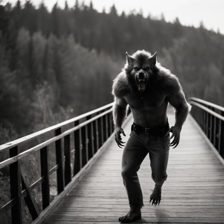 cinematic film still of  <lora:Werewolf style:1.2>
wide angle of a Werewolf in a bury hazy black and white photo is standing on a bridge staring at camera Werewolf Style, shallow depth of field, vignette, highly detailed, high budget, bokeh, cinemascope, moody, epic, gorgeous, film grain, grainy