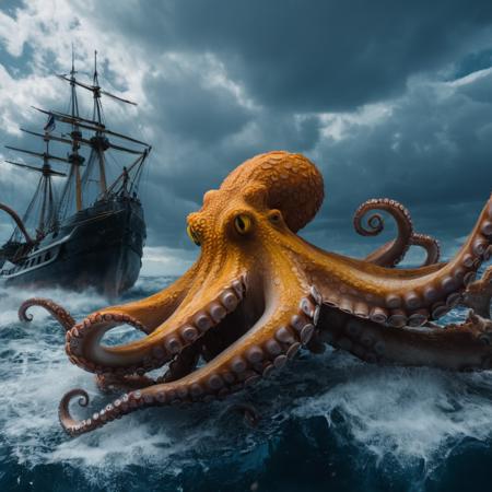 cinematic film still of  <lora:underwater style:1>
In the deep blue underwater a giant octopus attacking a boat in the ocean,yellow eyes,outdoors,sky,teeth,cloud,signature,water,no humans,ocean,cloudy sky,sharp teeth,tentacles,rain,monster,watercraft,ship,boat,kaijuu , realistic, realism, photorealism, hyperrealism, hyperrealistic, realistic, sharp, detailed, documentary style, film light style, movie still, photography, artistic, perfection, contrast, cinematic, filmic, high quality photo,  8k quality, colorful, different animals, national geographic style, different creatures, different color, underwater style, shallow depth of field, vignette, highly detailed, high budget, bokeh, cinemascope, moody, epic, gorgeous, film grain, grainy