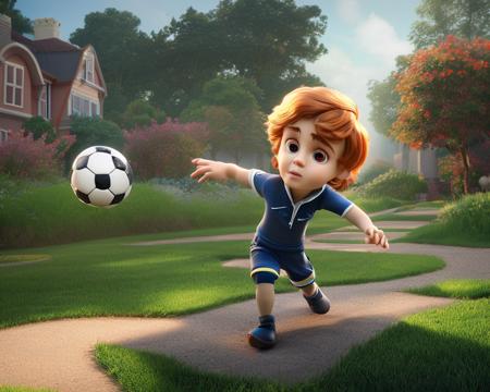 young boy playing soccer in the morning garden, cartoonish_doll