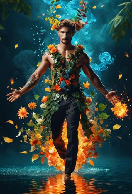 Surreal, future, a strong and handsome man with a glowing body, wearing a costume made of flowers and leaves, with a background of water and fire, magical and complex, vortexes forming under his feet, flying, ethereal elements floating in the air, mysterious,