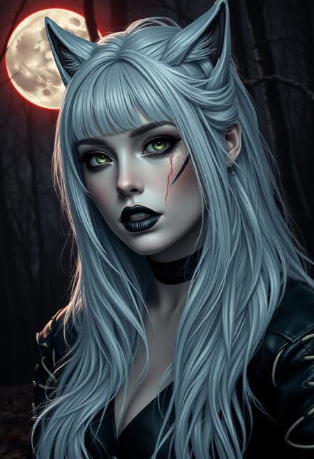 1 Woman, white hair, cranked hair, heterochromy, eye scar, black lipstick, green eyes, wolf leather clothes, full moon, bloody moon, woods, close up face