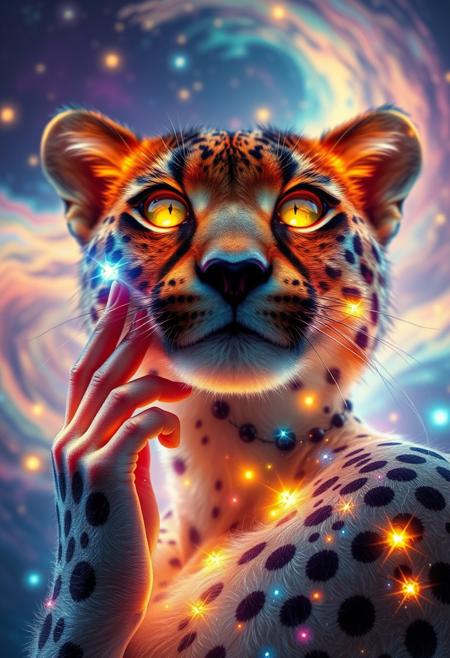 a close-up shot of an ethereal star anthropomorphic cheetah woman with eyes body and face glowing like galaxies, surrounded by swirling, vibrant cosmic rainbow colors, vibrant star planet,  ultra-detailed and photorealistic rendering, soft ambient lighting, starry nebulae in the background, dynamic and radiant color gradients, glowing reflections, cinematic composition, surreal and otherworldly atmosphere, intricate facial features, flowing hair infused with cosmic energy, soft detailed fur, luminous and ethereal, celestial radiance, soft yet detailed textures, otherworldly beauty, joyful expression on her face
looking up, fingers to cheeks, highly detailed hair and fur