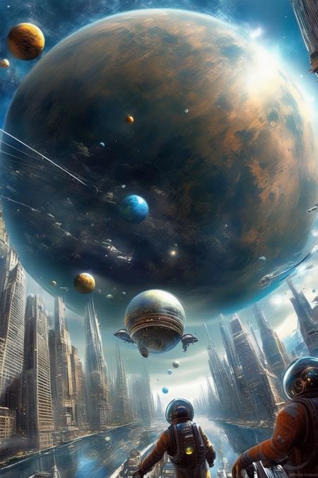 <lora:Stephan Martiniere Style:1>Stephan Martiniere Style - there is a small planet revolving between earth and moon. The planet has various skyscrapers, technological centres, flying ships and birds. Humans are in their personal space suits and vehicles flying around. The planet is so cool.