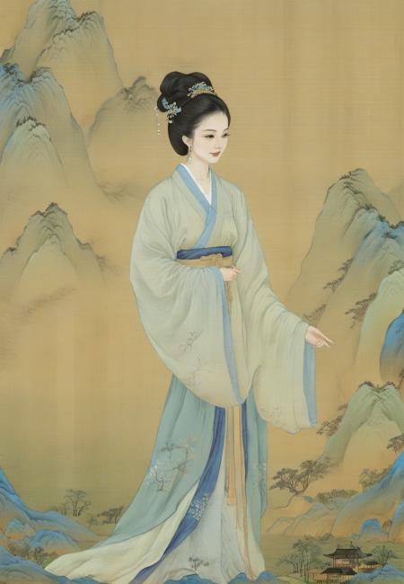 a skirt with <lora:qili-sdxl_v1-000010:0.8>,solo,SongQiLi,antiquities,chinese style,1girl  in the tang and song dynasties,Graceful poses,delicate attire,serene expressions,cultural richness,timeless charm,black hair,hair ornament,woman in chinese painting,softly luminous,depictions ofaristocracy,Meticulous painting,1girl <lora:ladies-illustration_xl_v5-000010:0.6>