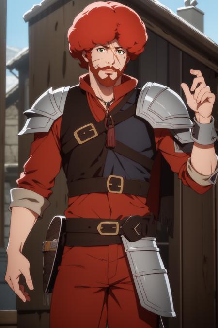 <lora:CREATED_ANIME_ShingekiNoBahamut_FavaroLeone_v01_dim64:0.7>favaro leone \(shingeki no bahamut\), 1boy, season2, mature male, facial hair, facial scar, afro, full body, single pauldron, 64K, f1.2, 800mm, UHD, dynamic lighting