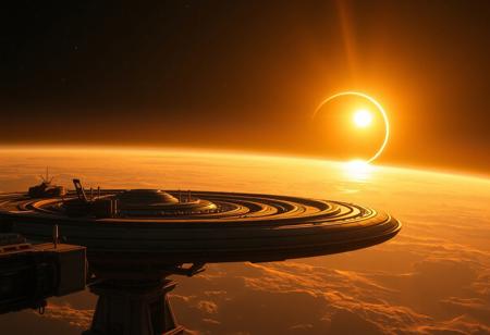 (8k, best quality, masterpiece:1.2), ultra-detailed, Masterpiece, realistic lighting, long-range perspective, maintenance-ring, battle-repair station, spaceship, beautiful golden lighting as the sun peaks out from behind a planet. its atmosphere creating a beautiful golden crescent shape.