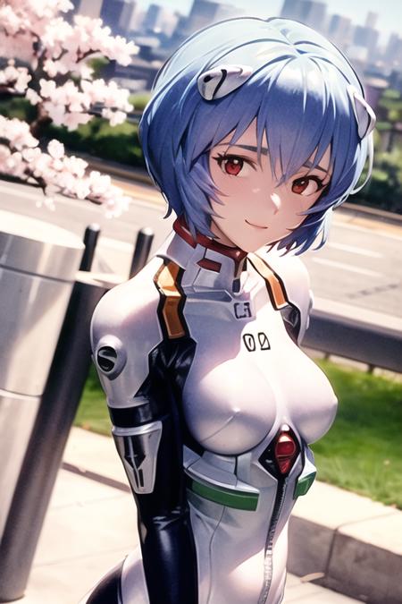 masterpiece, best quality, 1girl, ayanamirei, eva00plugsuit, interface headset, looking at viewer, light smile, city park, cherry blossoms, upper body  <lora:AyanamiReiV3-000014:0.8>