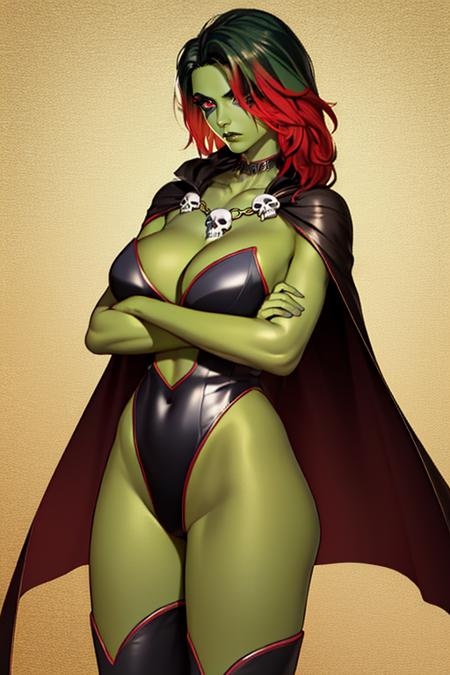 Gamora,green skin , multicolored hair,red eyes,hair over one eye, makeup, standing, upper body,  crossed arms, serious,   cowboy shot, 
leotard, boots, cape, skull necklace, cleavage,  navel, black thighhighs,   cape, 
alien planet, 
(insanely detailed, beautiful detailed face,beautiful detailed eyes, masterpiece, best quality)
 <lora:Gamora:0.7>