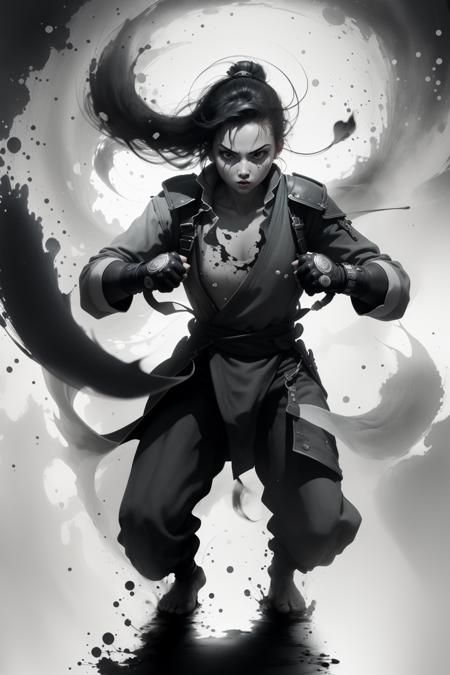 [white background::5], 1girl,  inkwash style, ink splashing, fighting stance, monochrome,greyscale, cowboy shot, cinematic lighting, dramatic shadow,ray tracing, from above, fisheye, <lora:inkwash_style-0218:1>