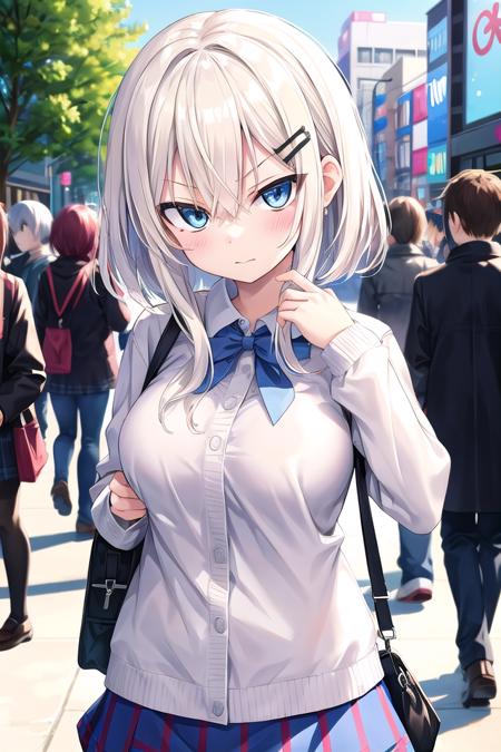 insanely detailed, absurdres, ultra-highres, ultra-detailed, best quality, 1 girl, solo, 16 years old, nice hands, perfect hands, BREAK, (wearing winter school uniform), angry, closed mouth, walking, 45 angle, cowboy shot, looking at viewer, BREAK, slender, kawaii, perfect symmetrical face, ultra cute girl, ultra cute face, ultra detailed eyes, ultra detailed hair, ultra cute, ultra beautiful, by Canon EOS, SIGMA Art Lens 35mm F1.4, ISO 200 Shutter Speed 2000, BREAK, in harajuku, shibuya, tokyo, street, crowd, cityscape, medium large breasts, BREAK, (white) blonde hair, medium hair, messy hair, blue eyes, hair between eyes, <lora:flat2:-0.3>
<lora:gekioko_v200:1>