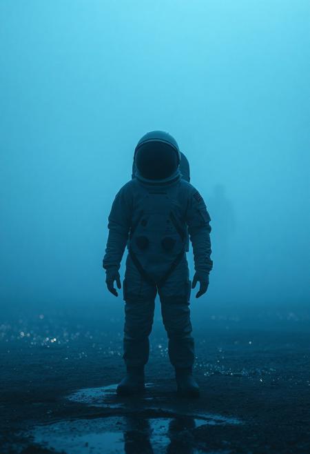In crystal-clear 4K detail, a young astronaut stands quietly in a surreal, misty dreamscape. Royal blue fog rolls across the ground, glowing softly under an otherworldly light. The atmosphere is calm and emotionally rich—melancholic, but with a sense of quiet wonder.
He’s surrounded by shimmering particles of light, like stardust caught in slow motion. The ground beneath him is slightly wet, reflecting his silhouette and the scattered glow around. Distant shapes fade into the haze, giving the whole world a feeling of being infinite, but empty.
The young figure stands still—not lost, but thinking, feeling.
His helmet glows faintly. The scene captures that delicate mix of loneliness and awe, the feeling of being small in something vast and beautiful.
The colors are deep, clean, and cinematic—royal blue with soft silver light, no harsh edges, everything smoothed by fog and emotion. A moment frozen in time, hyper-detailed and heart-felt, like a frame from a quiet sci-fi film.