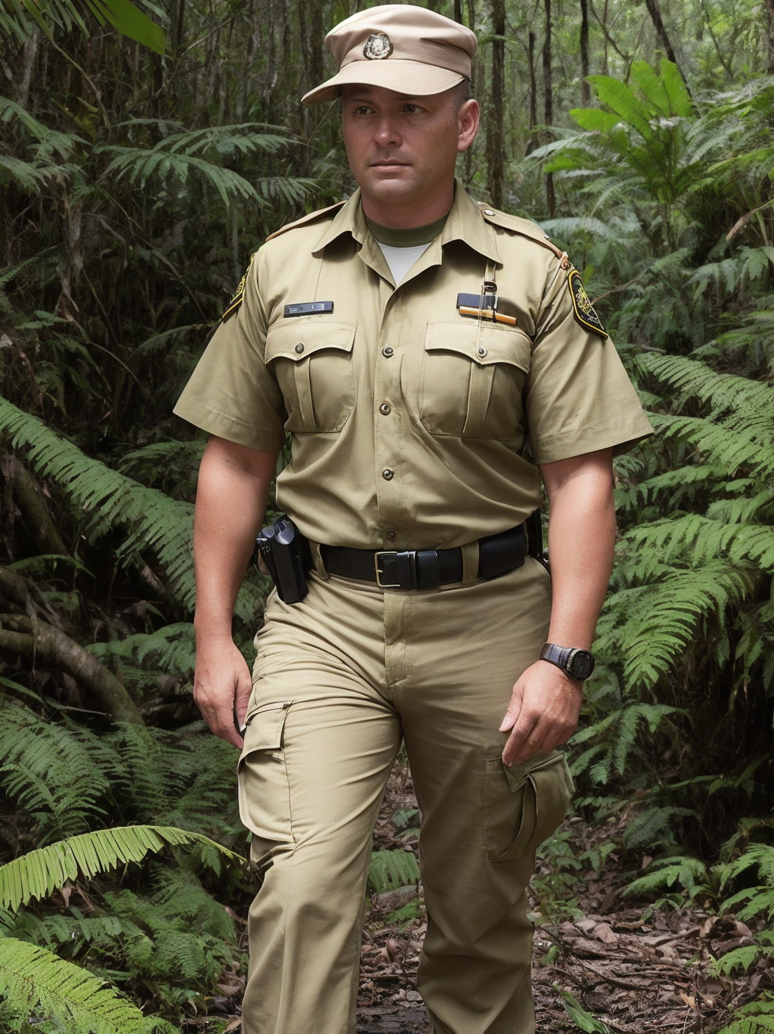 a photograph of a Forest officer in khaki cargo pants and shirt, equipped with a wildlife tracking device, in a tropical r...