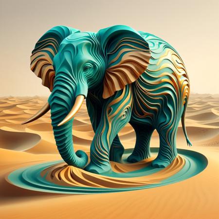 stylized elephant composed of angular golden sandswirl polygons, teal and amber geometric vortex from trunk, minimalist desert dunes as overlapping triangular waves, sharp gradients and clean lines, cubist-inspired sand particles, matte beige backdrop with hidden wind-flow patterns, isometric camera angle, abstract 3D rendering, contemporary art style, juxtaposition of rigid shapes and fluid motion, metallic foil accents, optical illusion of swirling sand trapped in fractured glass