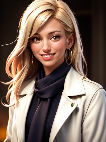 Realistic photo of a beautiful d3bb13g woman,1girl,solo,long hair,looking at viewer,smile,blonde hair,brown eyes,jewelry,jacket,upper body,white hair,earrings,teeth,scarf,grin,blurry,black jacket,realistic,leather,old,leather jacket,realistic, soft lighting, professional Photography, Photorealistic, detailed, RAW, analog, sharp focus, 8k, HD, high quality, masterpiece<lora:d3bb13g:1.0>