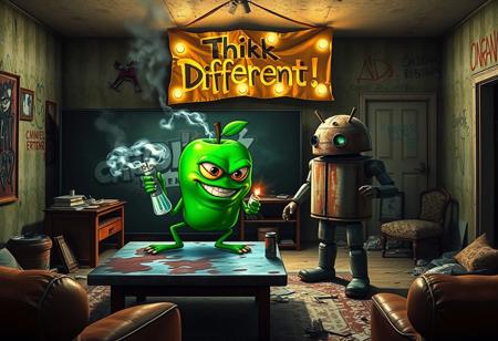 "In a grimy, dilapidated Florida crackhouse, a cartoonish green apple with exaggerated eyes and twisted limbs faces off against the iconic Android logo robot. The apple, perched on a stained coffee table, holds a meth glass pipe in one hand, with acrid smoke billowing from it. In its other hand, it clutches a lighter, flickering ominously.
The massive OLED TV mounted on the wall casts a harsh, flickering light, creating unsettling shadows as it plays an unnervingly vivid Apple commercial. The room’s walls are grimy, covered in graffiti, and peeling wallpaper hangs in tatters. The floor is strewn with trash, broken furniture, and empty cans.
The Android robot, with a rusted, dented exterior and malfunctioning eyes, stands in a defensive stance with twitching antennae. Above the TV, a warped cardboard sign with 'Think Different!' hangs crookedly, its jagged lettering backlit by flickering LEDs that cast eerie shadows on the peeling walls.
The air is thick with mildew, decay, and the sharp scent of meth smoke. The green apple’s glossy skin and the Android’s grimy, rusted body are harshly illuminated by the flickering light, heightening the bizarre and unsettling confrontation in this derelict, drug-ridden setting."