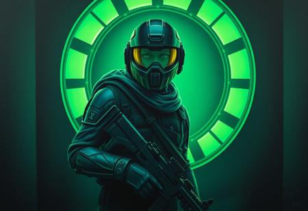 A Surreal Oil Painting of a futuristic soldier, standing in a dimly lit room. The soldier is equipped with a helmet and a gun, suggesting readiness for combat, Super Detailed Face and Eyes and Clothes, Beautiful Detailed Eyes, Lifelike Details. The room is characterized by a large circular window in the background, which is illuminated by a green light, casting an ethereal glow on the soldier, Captivating Lighting. The soldier's position in front of the window and the green light create a sense of depth in the image, Attractive Background. The overall color scheme is dominated by shades of green and gray, Stunning Colors, Harmonious Colors, Multi Colored. adding to the futuristic and mysterious atmosphere. 4K, 4K, Exceptional Quality, More Detail, Handcrafted with Precision, High Quality, Sharp Lines and Brush Strokes, Contemporary Aesthetics, Beautiful Matte Painting, Impeccable Composition, Creative Angle, Balanced Editing, Intentional Focus, Well-timed Moment, Isometric, Dynamic Action Pose, Grammer Effect Style, Splash Ink Illustration, Octane Render, Octane Render, Unreal Engine 5, Raphael Style, Houdini Style, Vivid Emotions, Joyful Impact, Powerful Message, CGSociety, Artstation Trending on ArtstationHQ, Golden Ratio, trending on artstation, concept art, detailed, detailed, high definition, sharp focus, insane detail, volumetric lighting, very detailed.