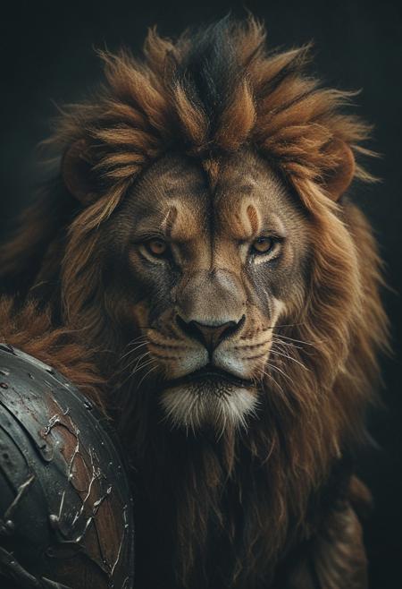 a mad lion beast in a barbarian armour, studio background, high-contrast palette, subtle grain, cinematic quality, modern art photograph