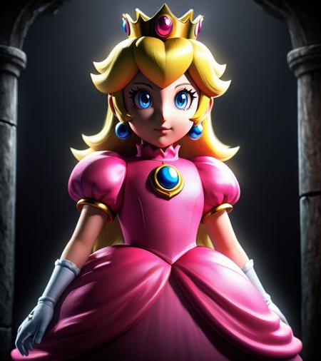 A young girl named Princess Peach stands tall in a dimly lit chamber, adorned with a regal crown atop her head. Her vibrant pink dress flows around her, contrasting against the stark darkness surrounding her. With a resolute expression, she gazes forward, her eyes filled with determination and a hint of anticipation. The room's black backdrop adds an air of mystery and adds to the dramatic atmosphere, setting the stage for the challenges and adventures that await Princess Peach in her role as the courageous and esteemed leader of her kingdom. <lora:Dall-e_3_0.3-v2-000003>