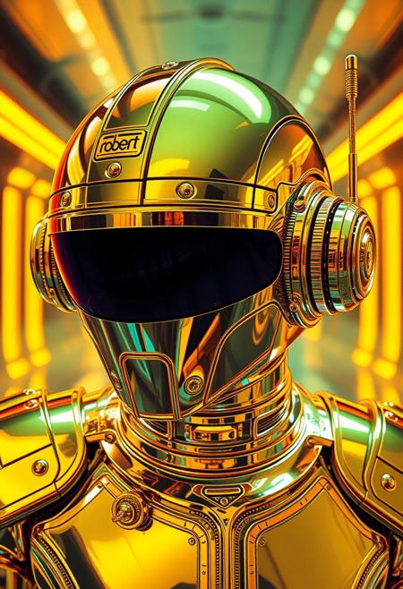 Avant-garde , Robert T techno style ,1970s retro futurism , chrome and Gold