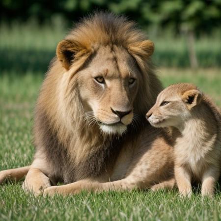 Lion licking a baby fawn