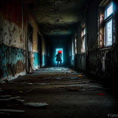 RAW photo, svo minion sitting on a bench at the end of hallway, looking at viewer, 8k uhd, dslr, soft lighting, high quality, film grain, Fujifilm XT3, Masterpiece, photorealistic, rotten abandoned hospital, looking down hall way,