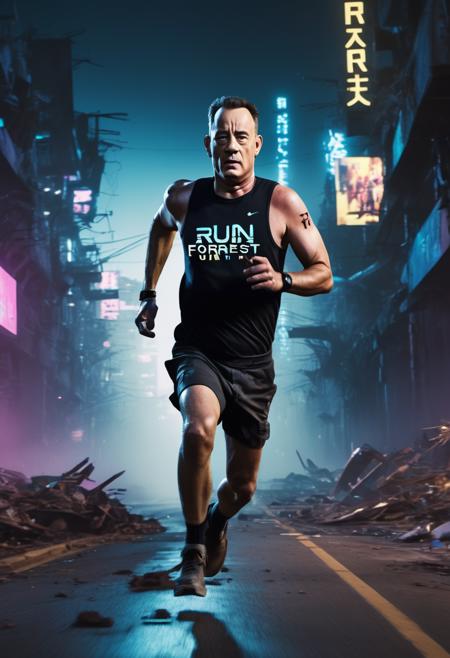 medium shot, athletic robotic tom hanks running, cyberpunk 2077 style, brightly illumated road through a destroyed dystopian landscape, at night, determined, dystopic, dark, disturbing, realistic photo, text says "run forrest run"