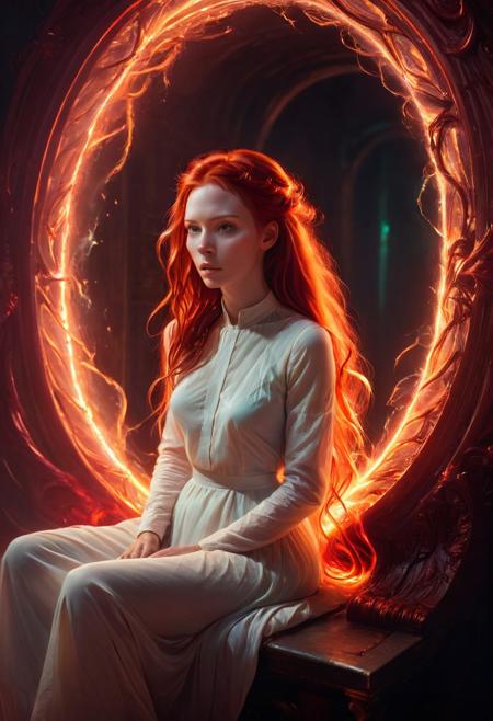 S_JStyle,
glowing portal, 1girl,  sitting,flowing red hair,
Best quality, 4k, Extremely detailed hyper realistic.
art by apterus
