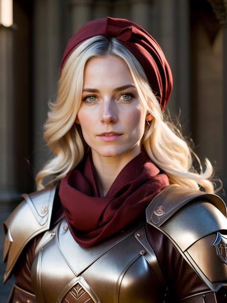 fking_scifi, award-winning portrait photo of a female cleric, soft face, shoulder-length wavy silver hair, green eyes, tan skin, copper amour plating, chain mail, red bandana neckerchief, 80mm, f/1.8, bokeh, depth of field, close up, standing within a temple next to an altar, sacred clothing, royalty, stern, directed gaze