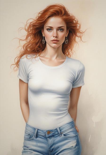 feminine woman, color pose, open dress rococo hyperrealistic, ultra high resolution, very simple stylish earrings, Violante Placido, Luis Royo, red hair, oil watercolor with broad strokes. A stunning young woman with luminous light brown hair and piercing bright blue eyes poses effortlessly in a fitted white bodysuit with short sleeves and a crew neck, tucked into trendy distressed jeans, exuding a relaxed, casual charm. Her head is subtly tilted, infusing the image with dynamism and allure. Against a soft, neutral light wall, partially obscured by her figure, the pose and simplicity of the background converge to create a captivating image that spotlights her radiant presence. Finely detailed, high-resolution, 8K, beautiful, and aesthetically pleasing, with dramatic lighting and photorealistic textures.