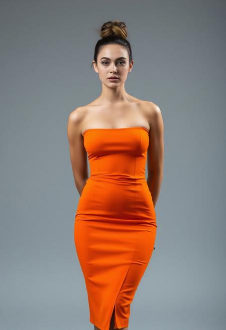 medium shot, front view of a woman wearing an orange fit dress, bare shoulders, bare neckline,  bun hairstyle, grey background