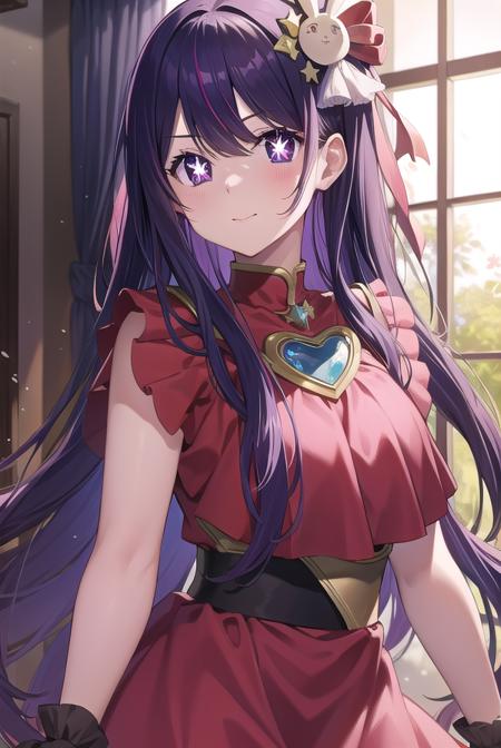 aihoshino, <lora:aihoshino-lora-nochekaiser:1>,
ai hoshino, hair between eyes, hair ornament, hair ribbon, long hair, one side up, (purple eyes:1.1), purple hair, rabbit hair ornament, (star-shaped pupils:1.5), symbol-shaped pupils,
BREAK belt, black belt, brooch, dress, pink dress, frilled dress, frilled gloves, frills, gloves, heart brooch, idol, idol clothes, jewelry, pink gloves, red ribbon, ribbon, turtleneck dress,
BREAK looking at viewer,
BREAK indoors,
BREAK <lyco:GoodHands-beta2:1>, (masterpiece:1.2), best quality, high resolution, unity 8k wallpaper, (illustration:0.8), (beautiful detailed eyes:1.6), extremely detailed face, perfect lighting, extremely detailed CG, (perfect hands, perfect anatomy),