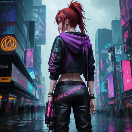 vivid and colorful, vibrant color, enchanting and mystical, best quality, masterpiece, cinematic, realistic, cyberpunk, cyberpunk city, neon, volumetric lighting, black sky, (raining, thunderstorm), 1girl, (cyberpunk clothing, hoodie, pants, punk clothes), (flowing red hair), water reflecting off ground, from behind, ((hidden face)),